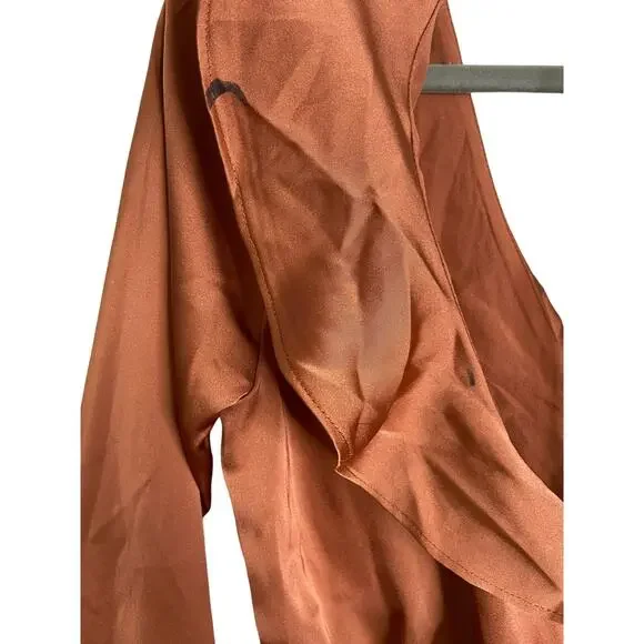 MAJORELLE Nelly Mini Dress Surplice Shirred Ruffle Detail Terracotta Brown Small